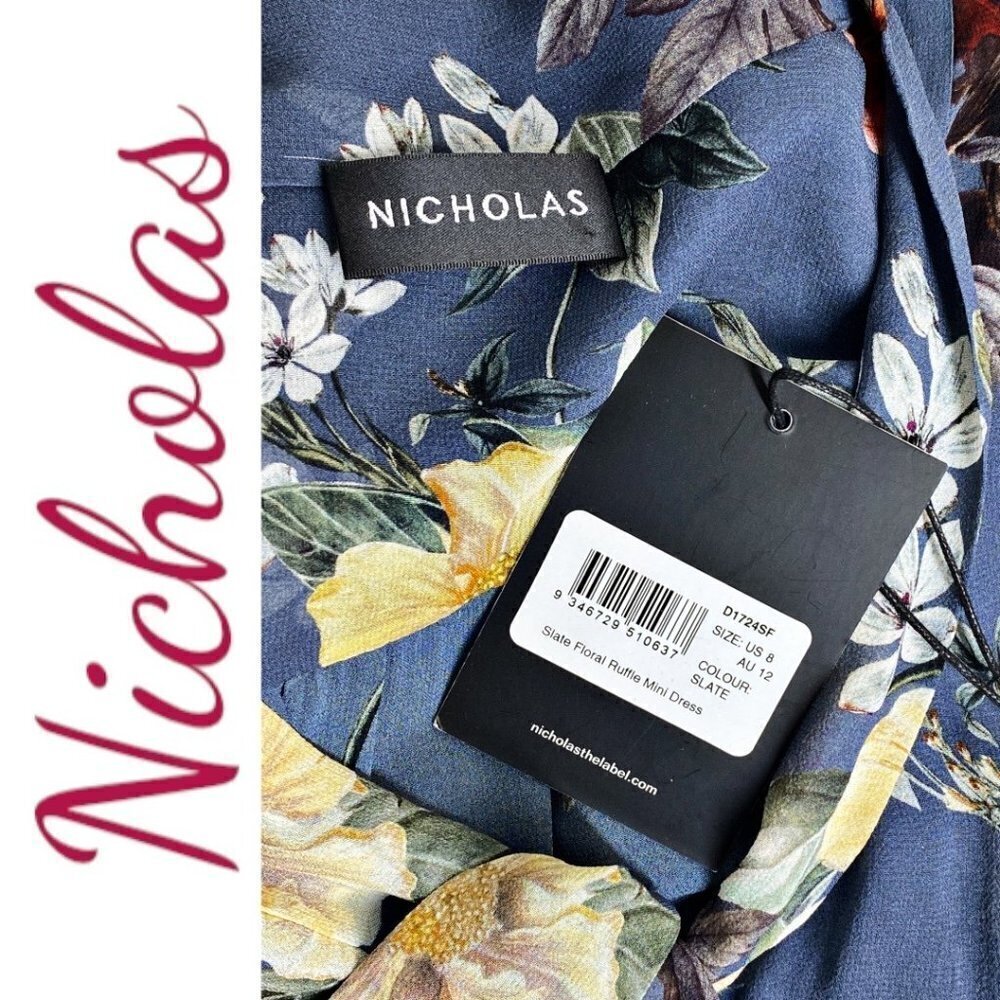 NWT NICHOLAS 100% Silk Floral Ruffled Mini Dress,‎ Size 8 - Picture 11 of 12